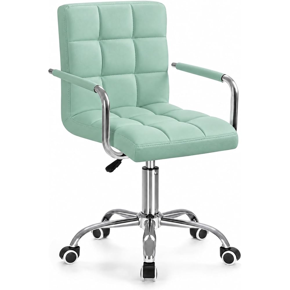 Furmax Small Office Chair with Wheels, Vanity PU Leather Desk Chair Modern Adjustable Home Desk Retro Comfortable Work Chair 360 Degree Swivel with Arms (Light Blue)