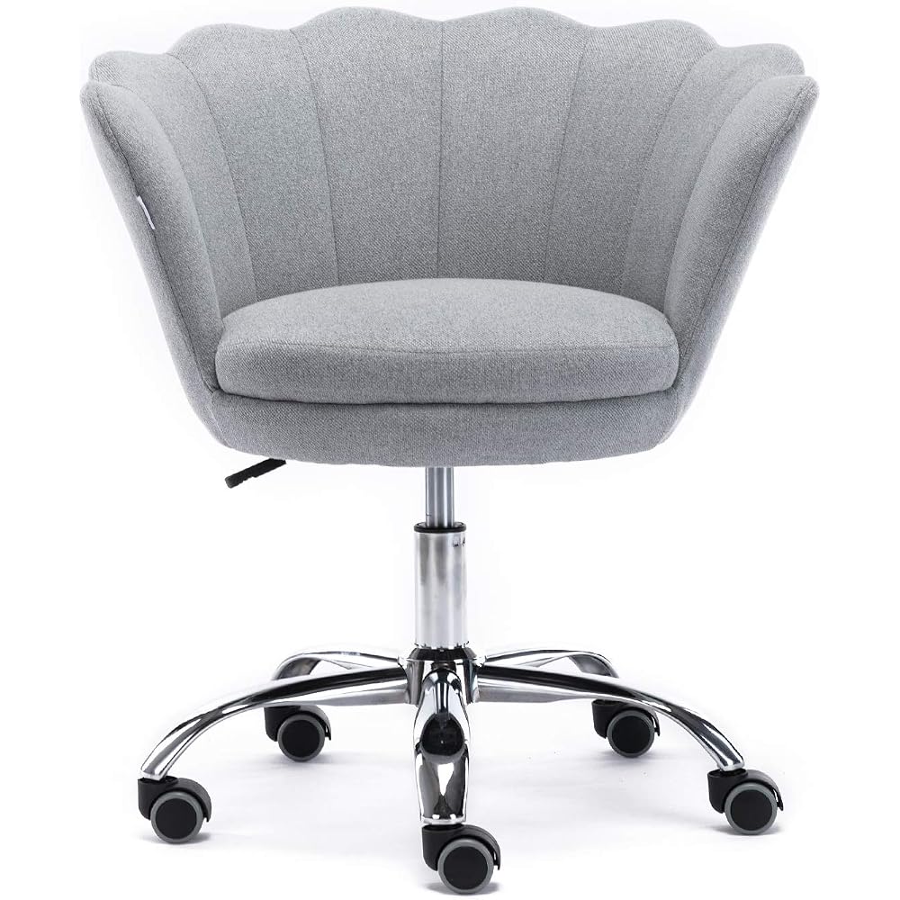 Home Office Chair, Cute Modern Desk Chair Linen Upholstered Shell Chair for Women Adjustable Swivel Vanity Chair for Bedroom Living Room, Height-Ajustable (Grey)