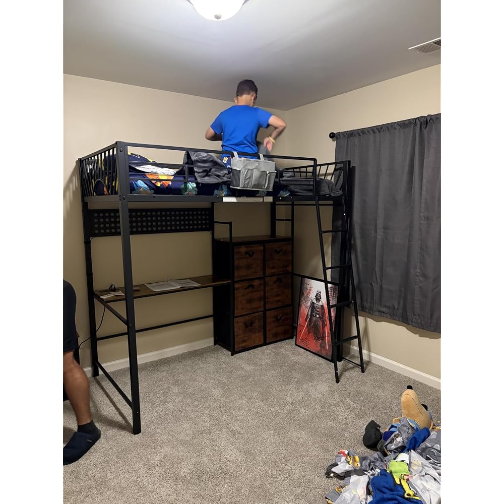 Decofy Twin Loft Bed with Desk and 6 Storage Drawers, Metal Twin Size Loft Beds with Charging Station & LED Lights, Bed Frame with Hanging Rod, Safety Ladder & Guardrail, Bedside Caddy for Kids, Teens