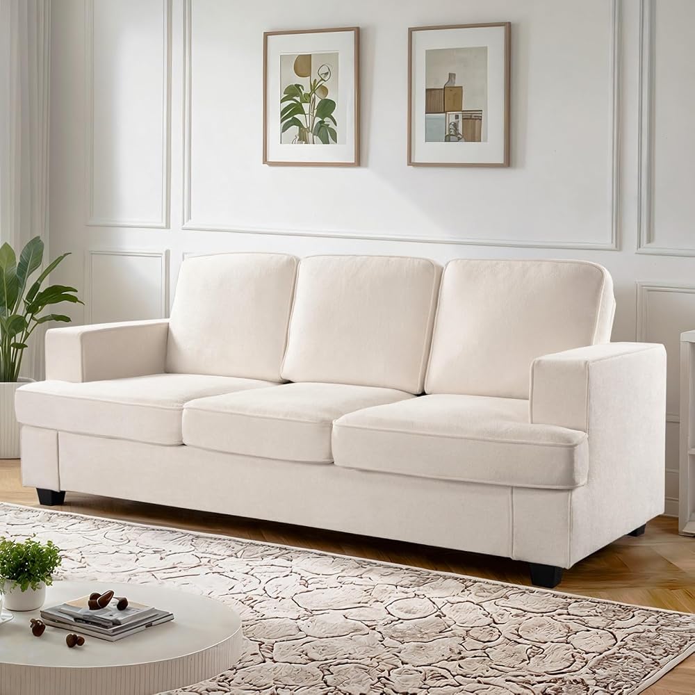 Modern Velvet Sofa Comfortable 3 Seater Couch with Deep Seating High-Density Foam Loose Back Cushions Wide Arms 84.25" Living Room Furniture Ivory