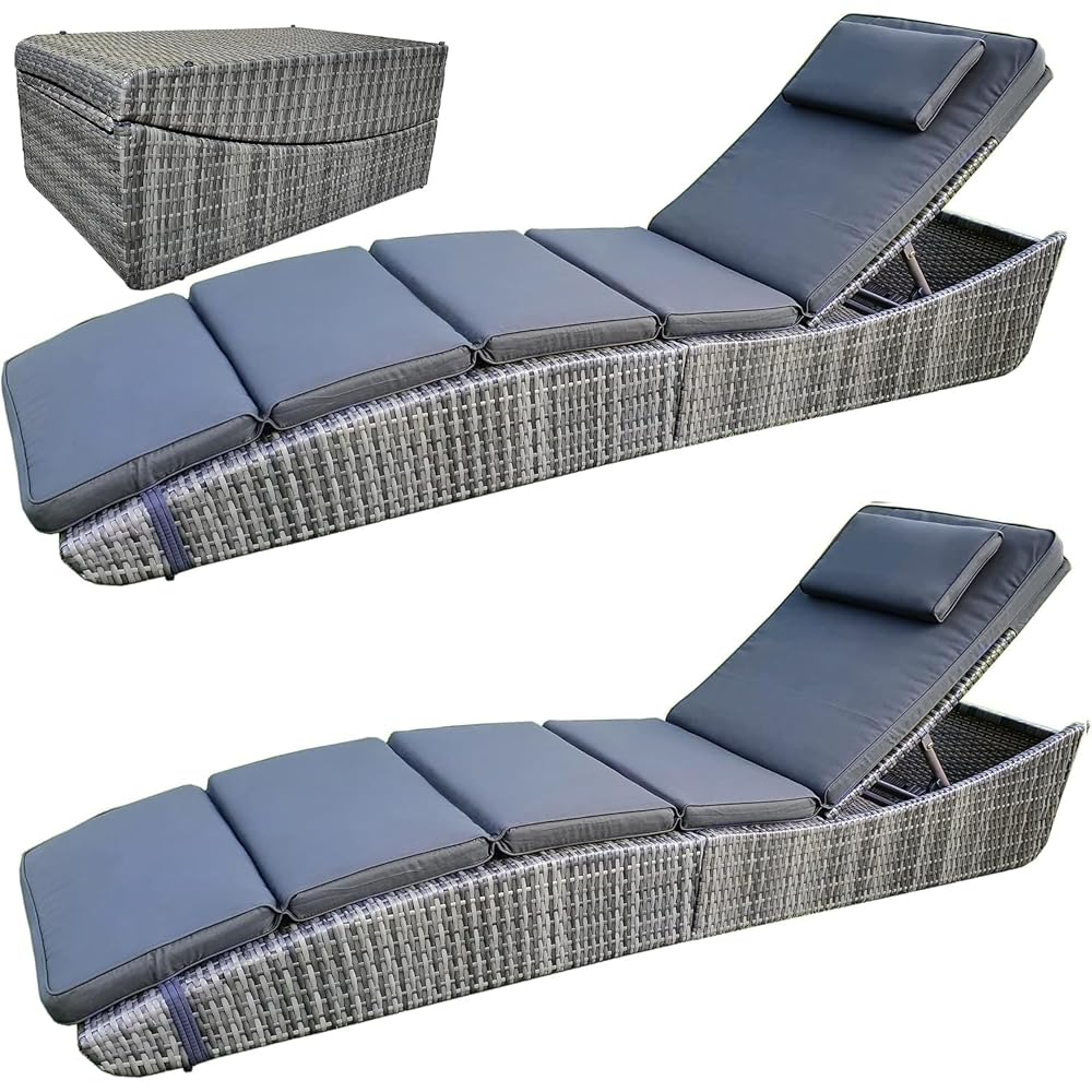 BTEXPERT Set of 2, Foldable Outdoor Chaise Pool Lounge Chairs Folding Wicker Rattan Sun Bed Patio Couch Reclining Lounger Adjustable Padded Backrest Pillow Assembled - Grey - Two