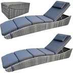 BTEXPERT Set of 2, Foldable Outdoor Chaise Pool Lounge Chairs Folding Wicker Rattan Sun Bed Patio Couch Reclining Lounger Adjustable Padded Backrest Pillow Assembled - Grey - Two