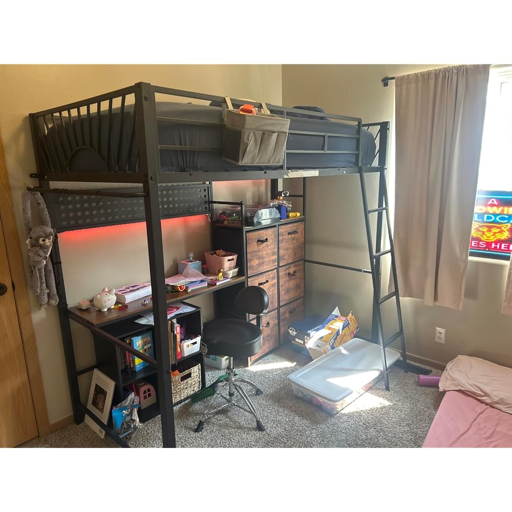 Decofy Twin Loft Bed with Desk and 6 Storage Drawers, Metal Twin Size Loft Beds with Charging Station & LED Lights, Bed Frame with Hanging Rod, Safety Ladder & Guardrail, Bedside Caddy for Kids, Teens