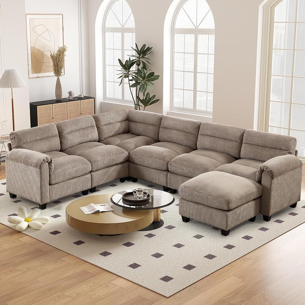 HAOMARKETS 115" Modular Sectional Sofa Couch with Movable Ottoman, Oversized Corduroy U Shaped Sectional Couches with Rolled Arms, 7-Seater Corner Sofas with Reversible Chaises for Living Room, Brown