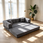 4-in-1 Floor Sofa King Size No Assembly, Upholstered Boneless Pull Out Couch Bed with 2 Pillows, Oversized Corduroy Foam Compressed Sofa Couch in A Box for Living Room Sleeper (Grey)