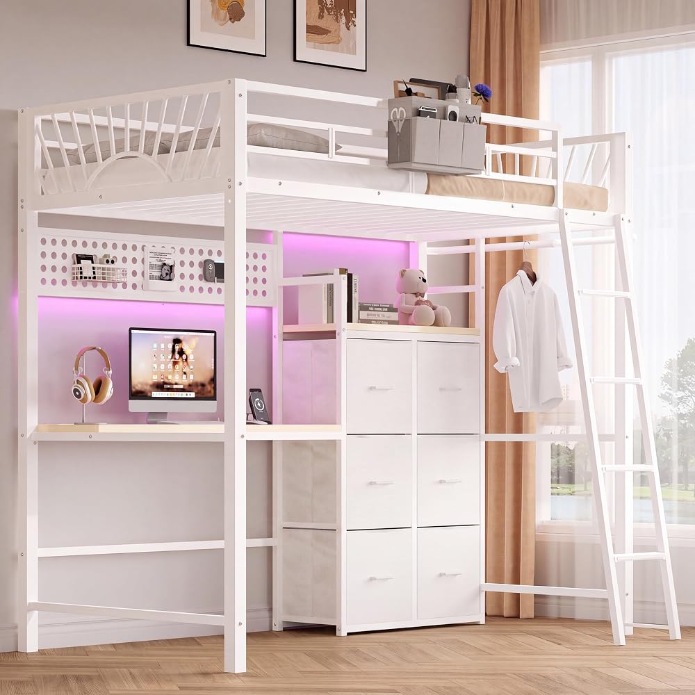 Decofy Twin Loft Bed with Desk and 6 Storage Drawers, Metal Twin Size Loft Beds with Charging Station & LED Lights, Bed Frame with Hanging Rod, Safety Ladder & Guardrail, Bedside Caddy for Kids, Teens