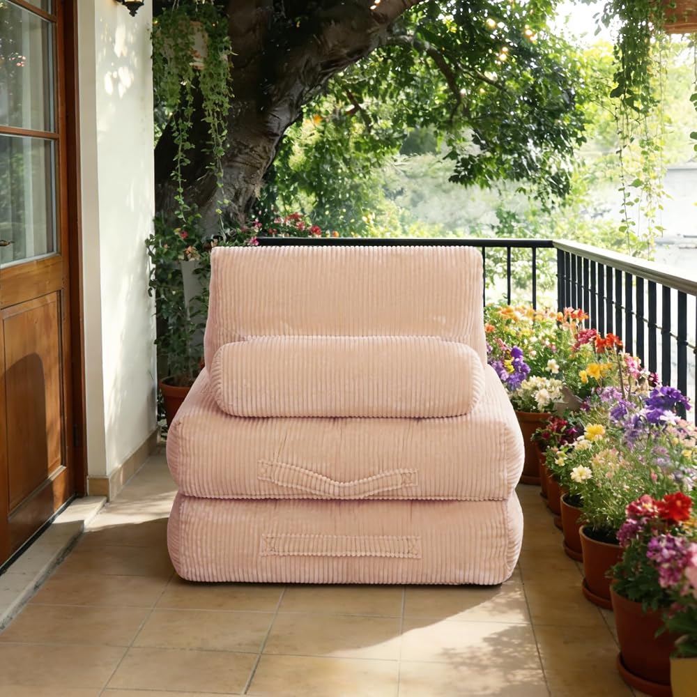 32" Corduroy Beanbag Couch Bed, 2-in-1 Fold Out Chair that Turns into Bed, Cozy Fluffy Floor Sofa with High-Resilience Foam, Space-Saving Sleeper for Living Room, Bedroom, Dorm, Pink (Pink)