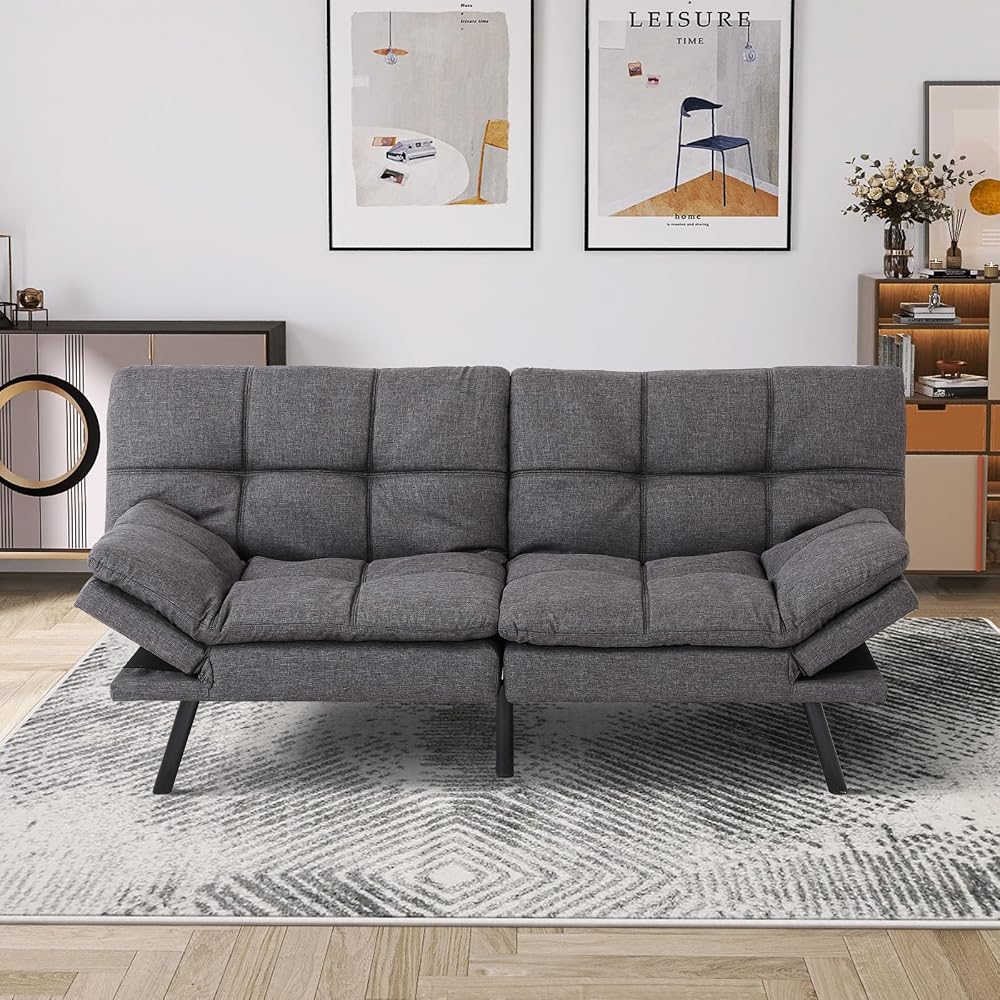 MUUEGM 71'' Futon Sofa Bed Couch, Convertible Futon Sofa Couch, Fabric Futon Couch with Adjustable Backrest, Modern Sofa Bed for Living Room, Apartment, Office, Small Room (Grey)