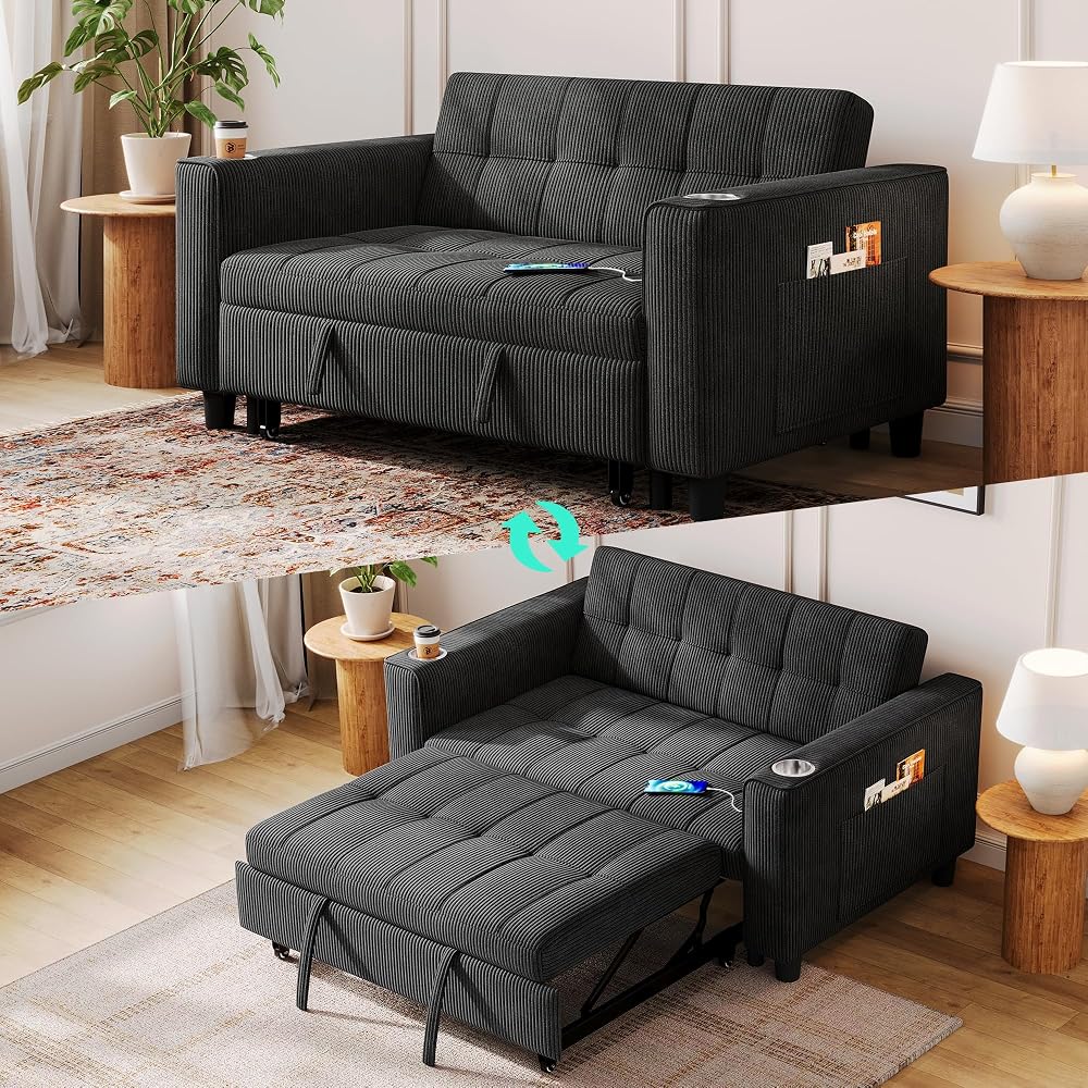 LINSY Sleeper Sofa Bed, 54" Pull Out Couch with Charging Station & Cup Holder, Small 3 in 1 Convertible Loveseat Sleeper Couch for Apartment, Dorm Room, Bedroom and Small Space, Corduroy Black
